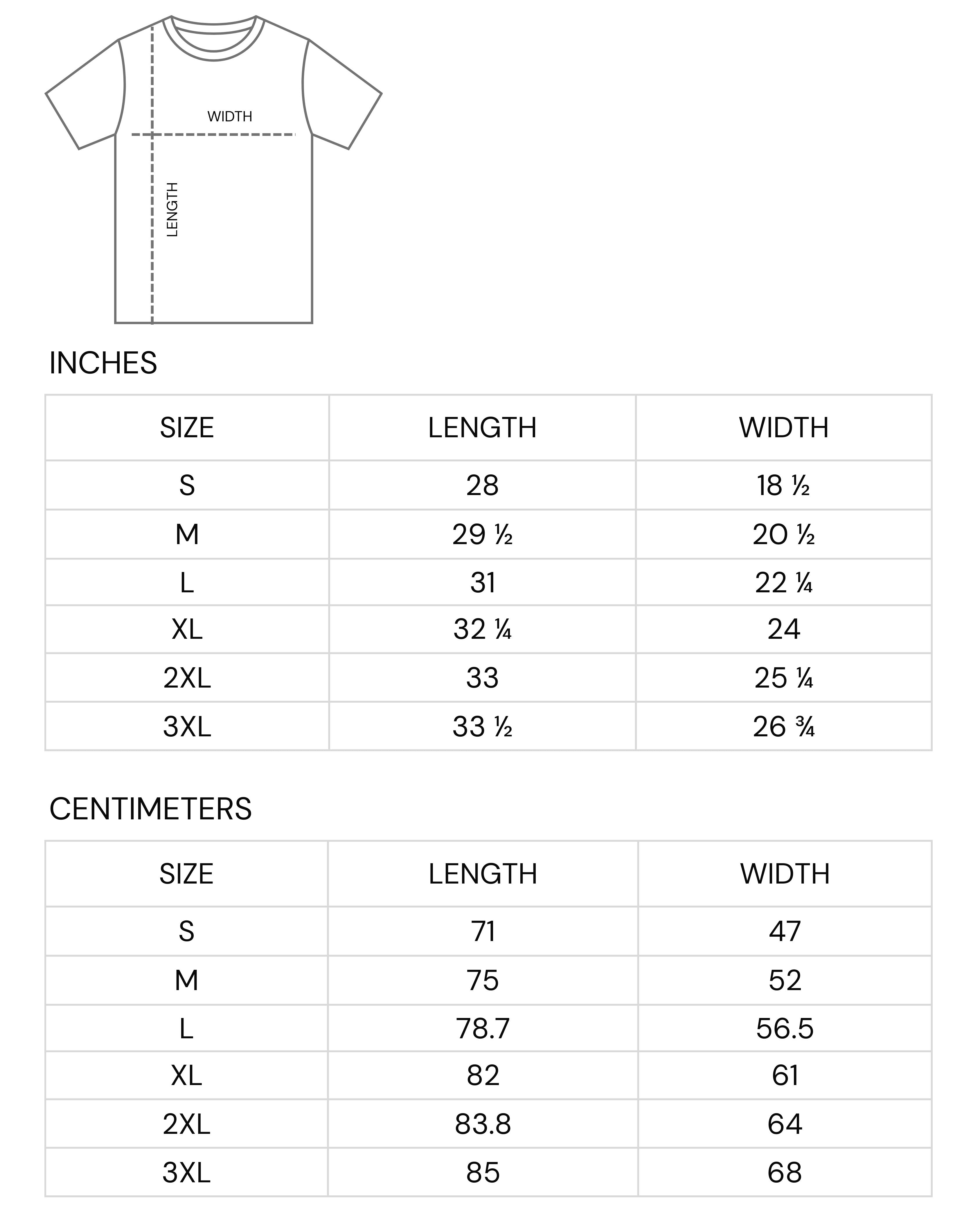 Size chart for t-shirts with measurements in inches and centimeters.