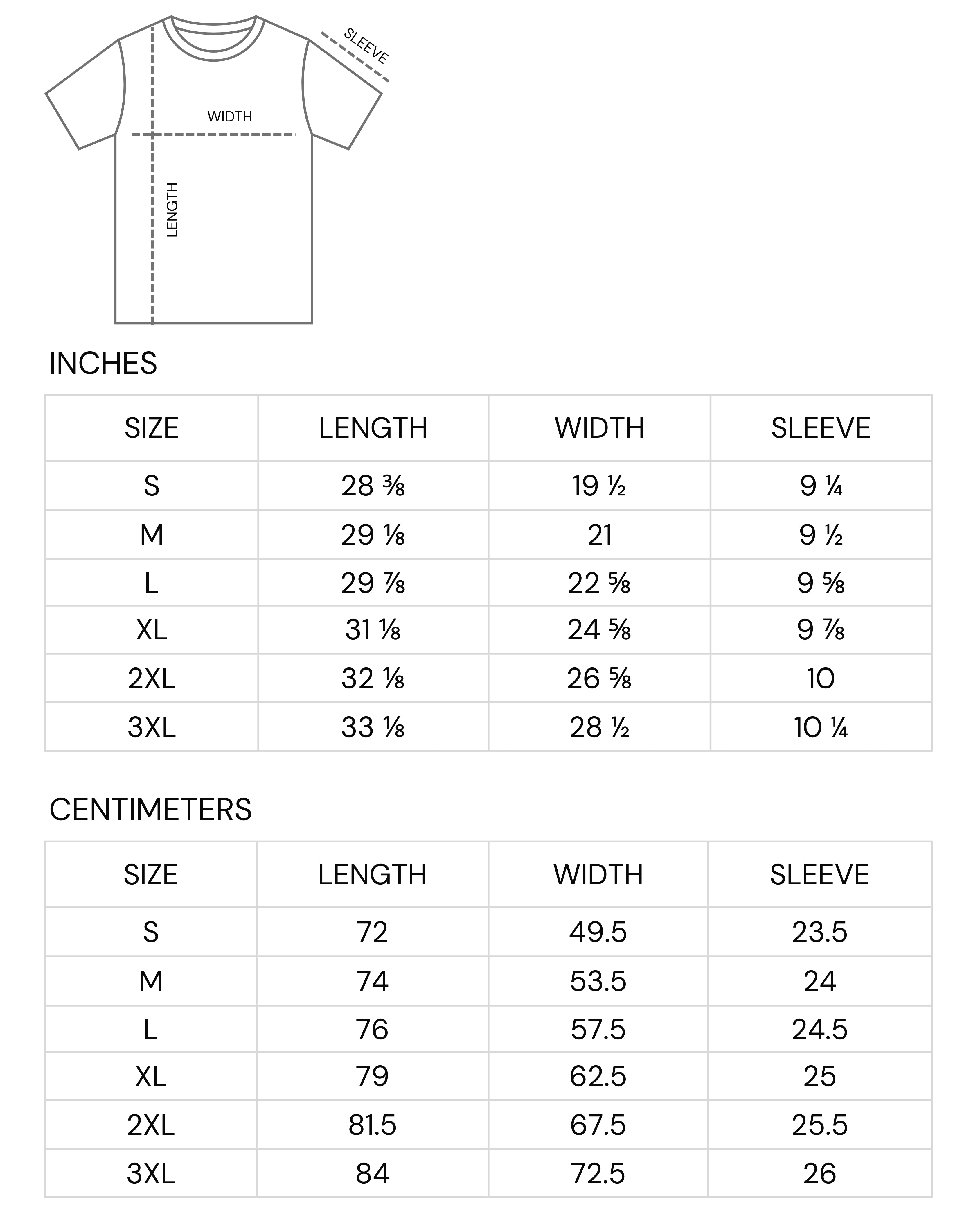 Size chart for t-shirts with measurements in inches and centimeters.