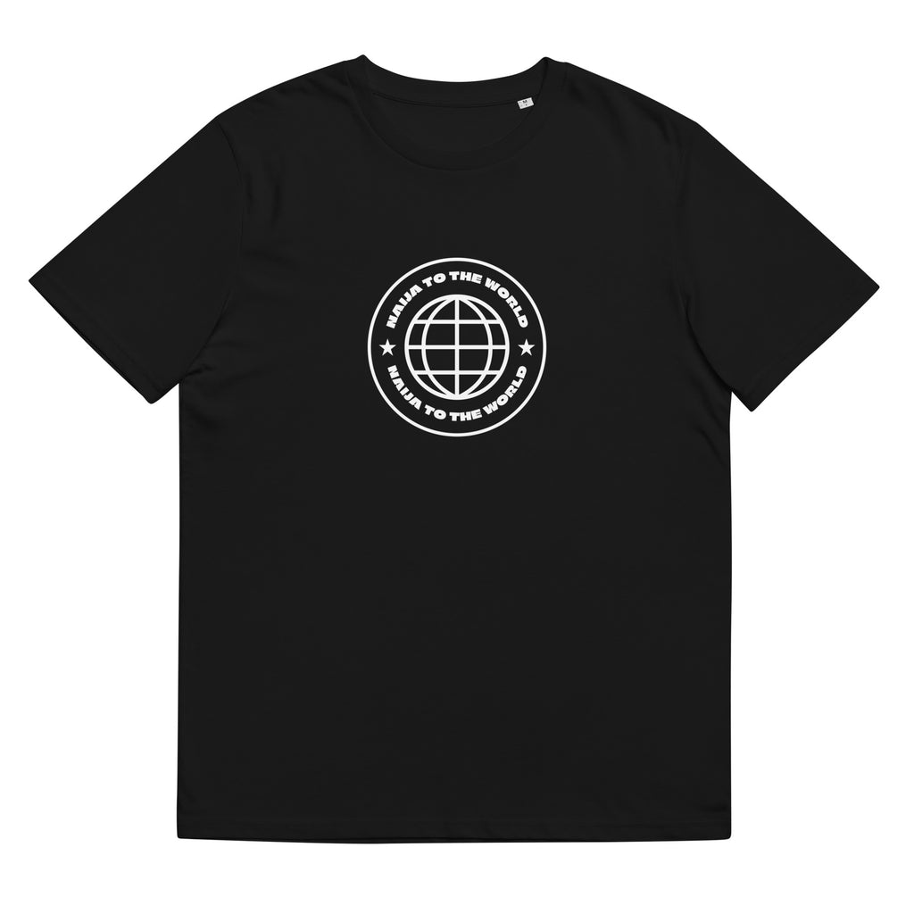 Black t-shirt with a white graphic design on a white background