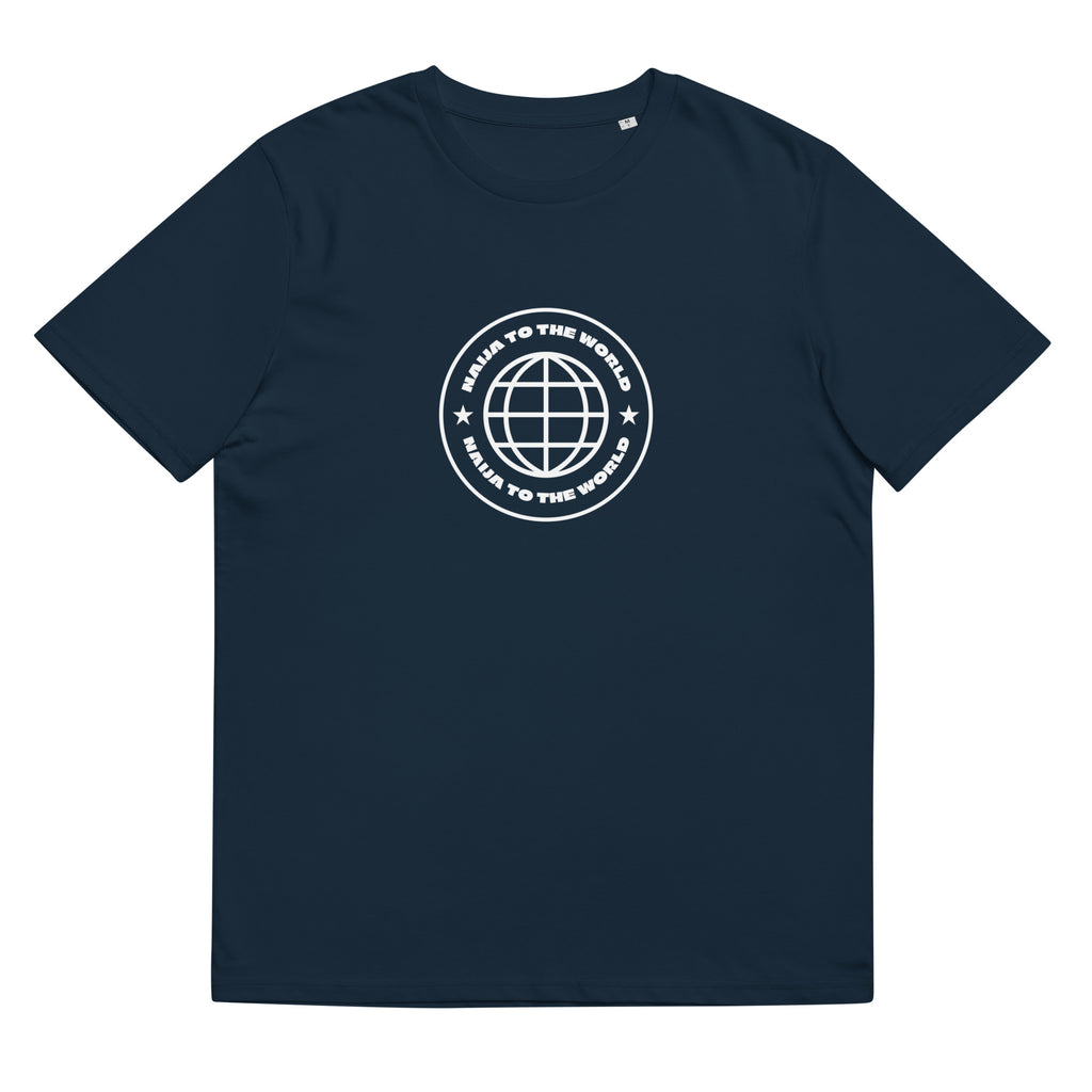 Navy blue t-shirt with a white globe design and text on a white background