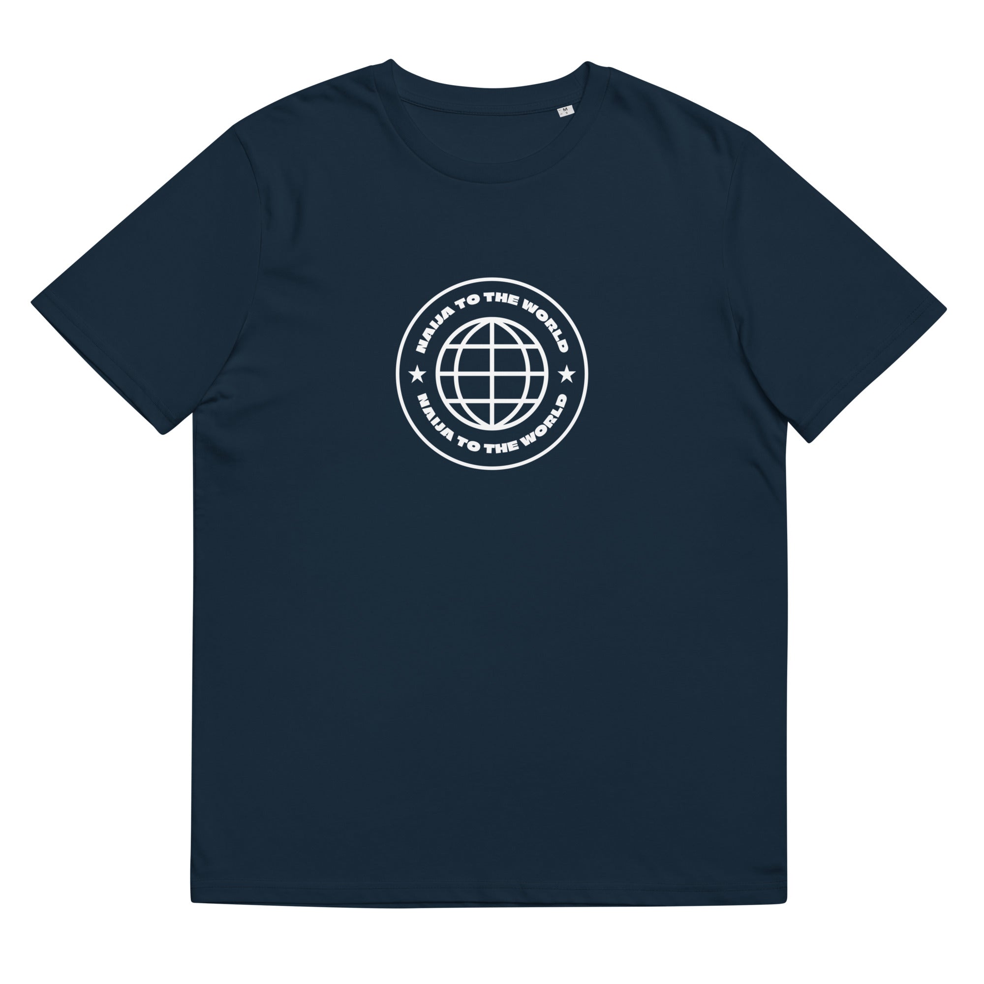 Navy blue t-shirt with a white globe design and text on a white background
